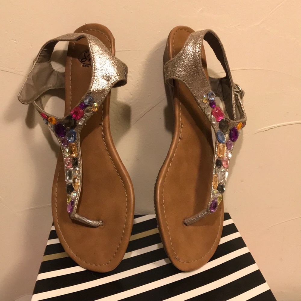 “SM New York” Bejeweled Multicolor T Strap Sandals